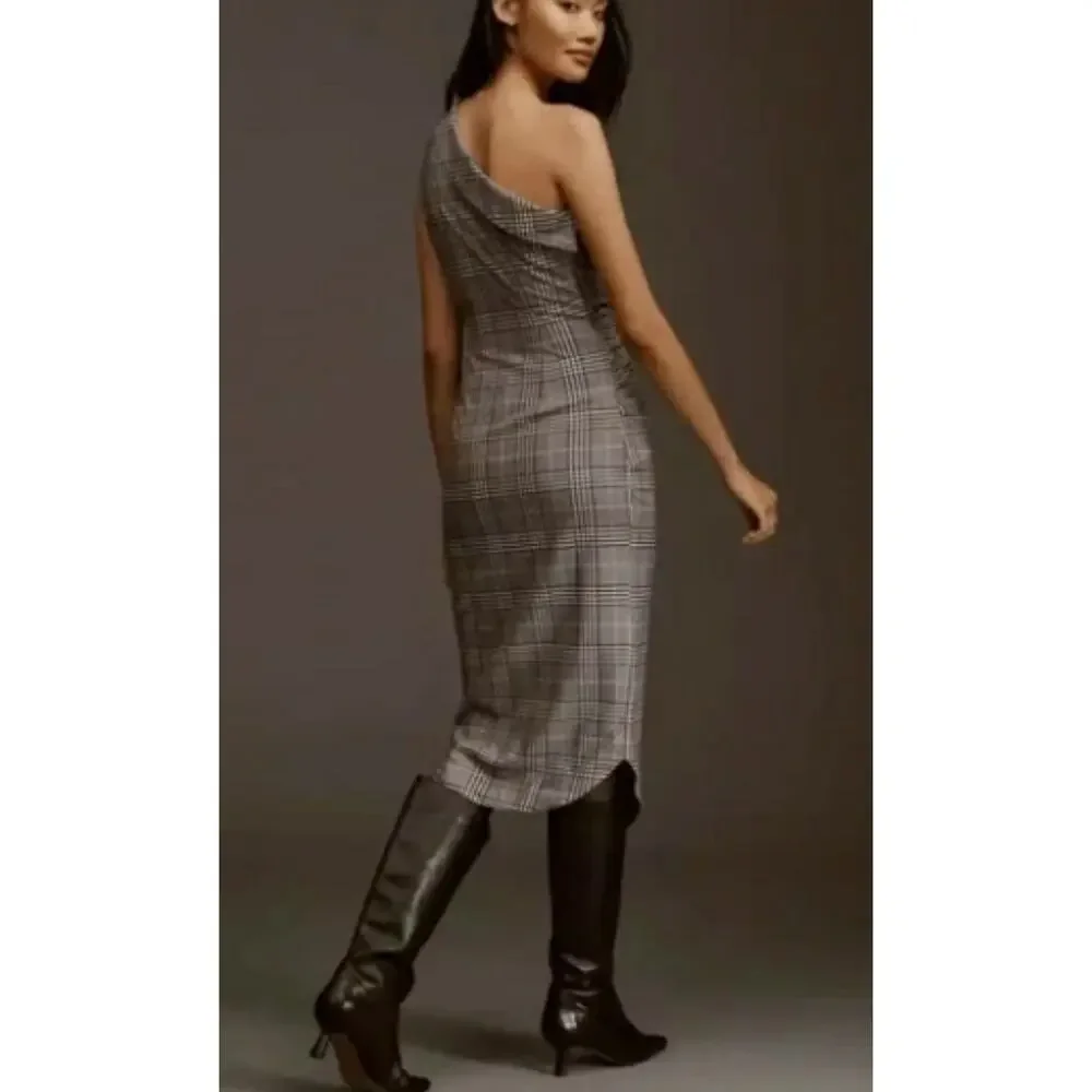Maeve Anthropologie Plaid Dress 6P One Shoulder Prep School Girl Midi Preppy NWT - Picture 2 of 16